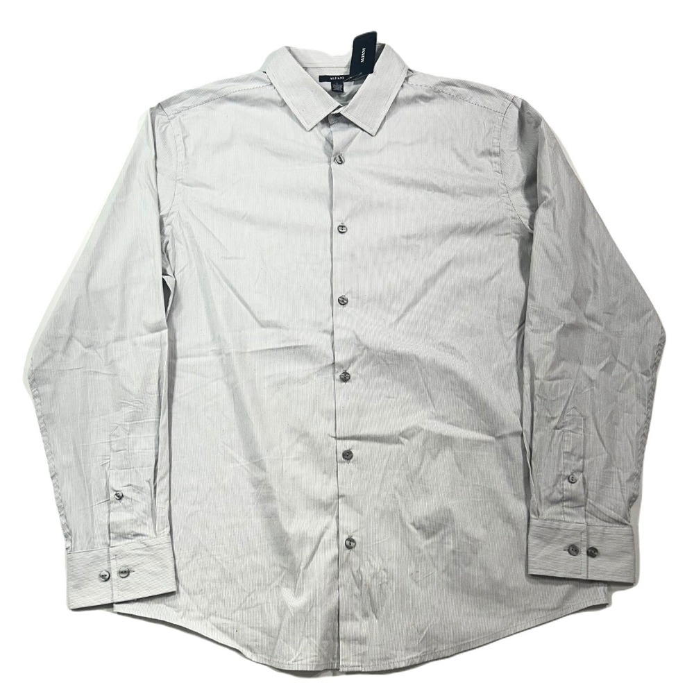 Alfani Dress Shirt‎ Mens Large Grey Stripe Regular Fit 2-Way Stretch NEW